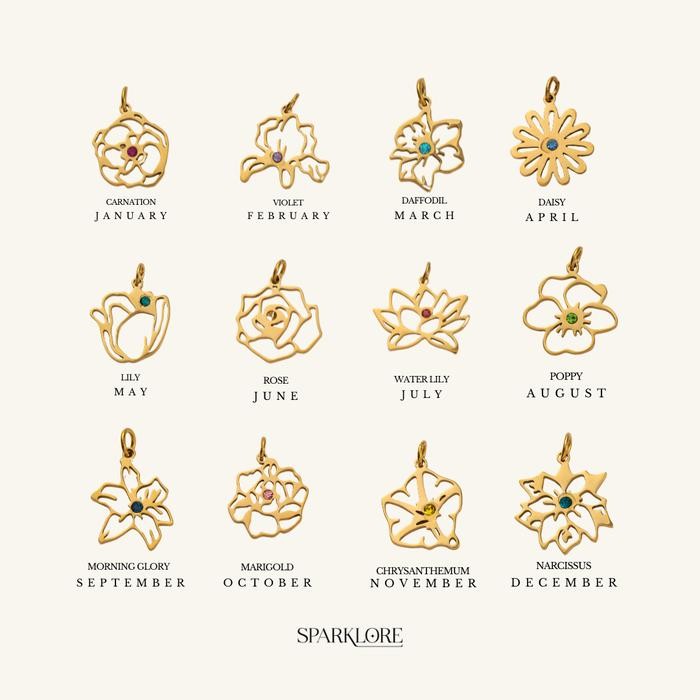 

TERLARIS Sparklore Birth Flower Charm Titanium & Gold Plated 18k Wateroof - Charm Pendant Bunga