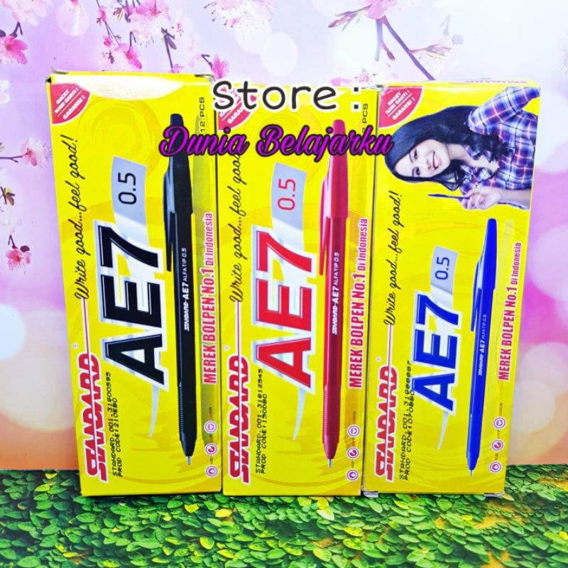 

[Pack isi 12 Pcs] Pulpen Standard AE7 0.5 Hitam / Biru / Merah / BallPen Standar Original