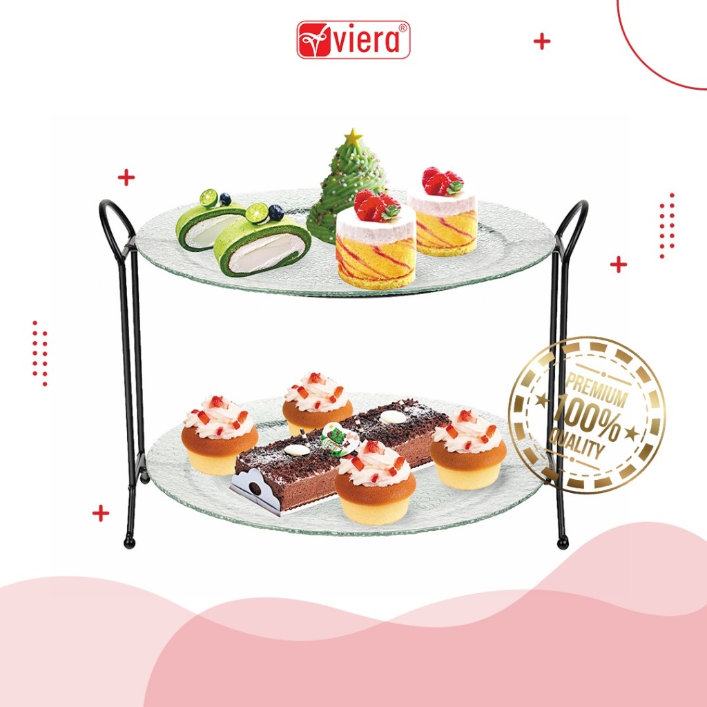 Viera -2 Tier Round Glass Serving Tray with Black Stand Piring Kaca Susun 2 Kue Cupcake Buah Set