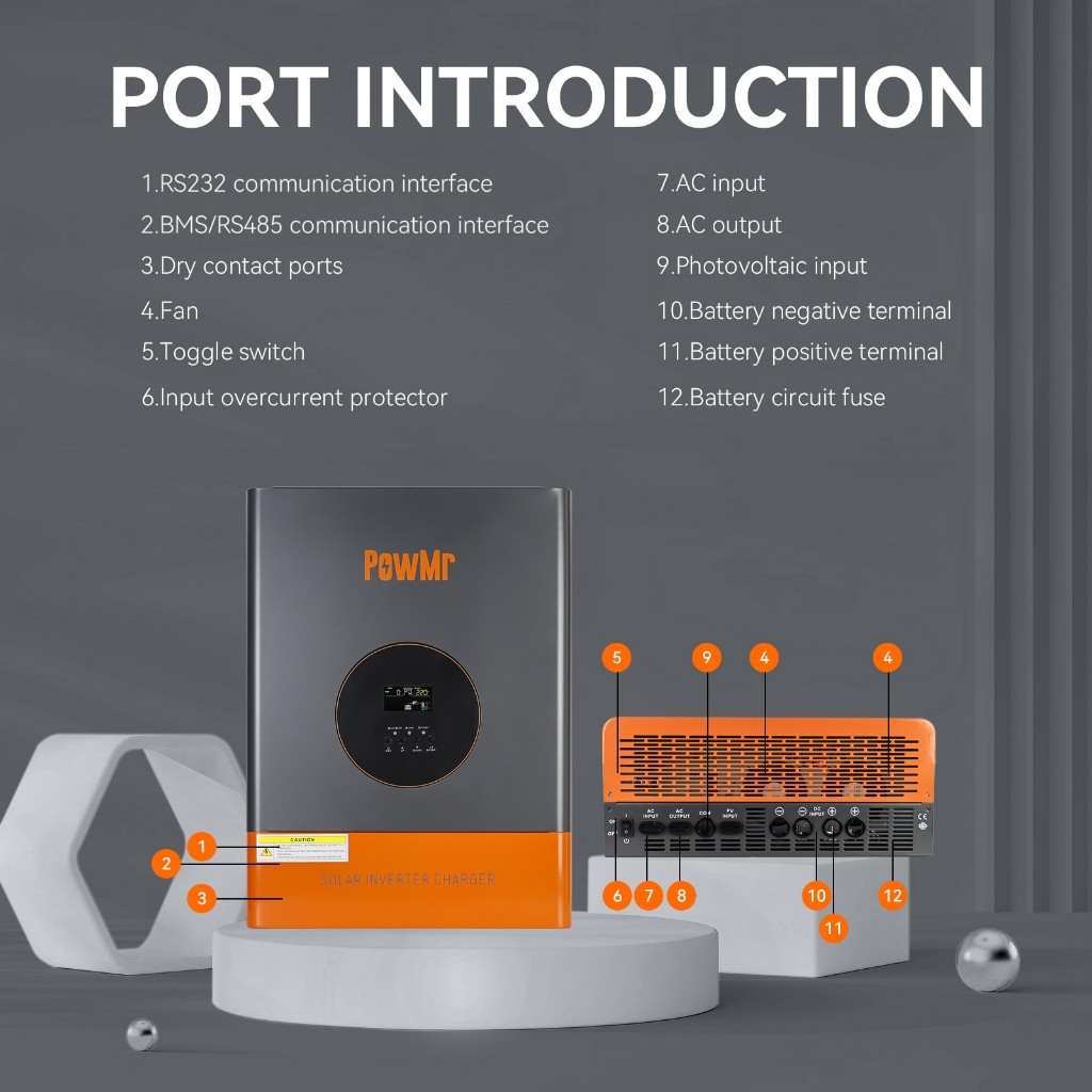 [Toko ] PowMr 5KW Inverter Surya Hibrid Frekuensi Rendah Off Grid 230Vac Tegangan PV 60-150Voc