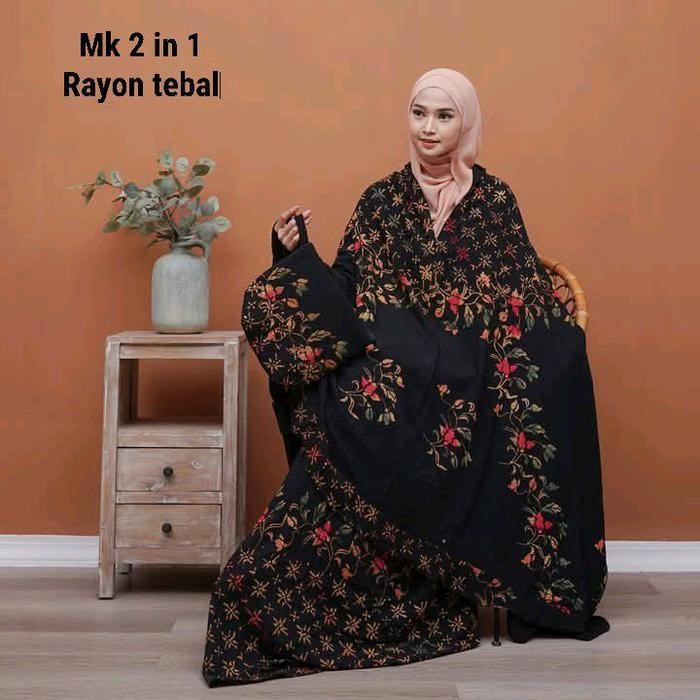 Mukenah Batik Jumbo Cap Pekalongan Terusan Wanita Rayon Traveling Hitam Dewasa Panjang Motif Muslim