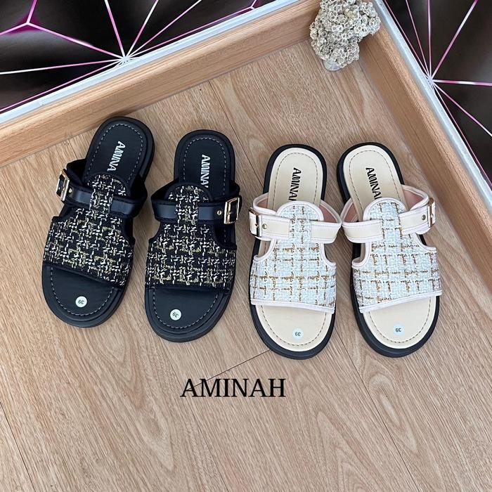 JTTOP" AMINAH DISCO SANDAL PLATFORM WANITA TALI GESPER MOTIF RAJUT TRENDY FLAT SHOES