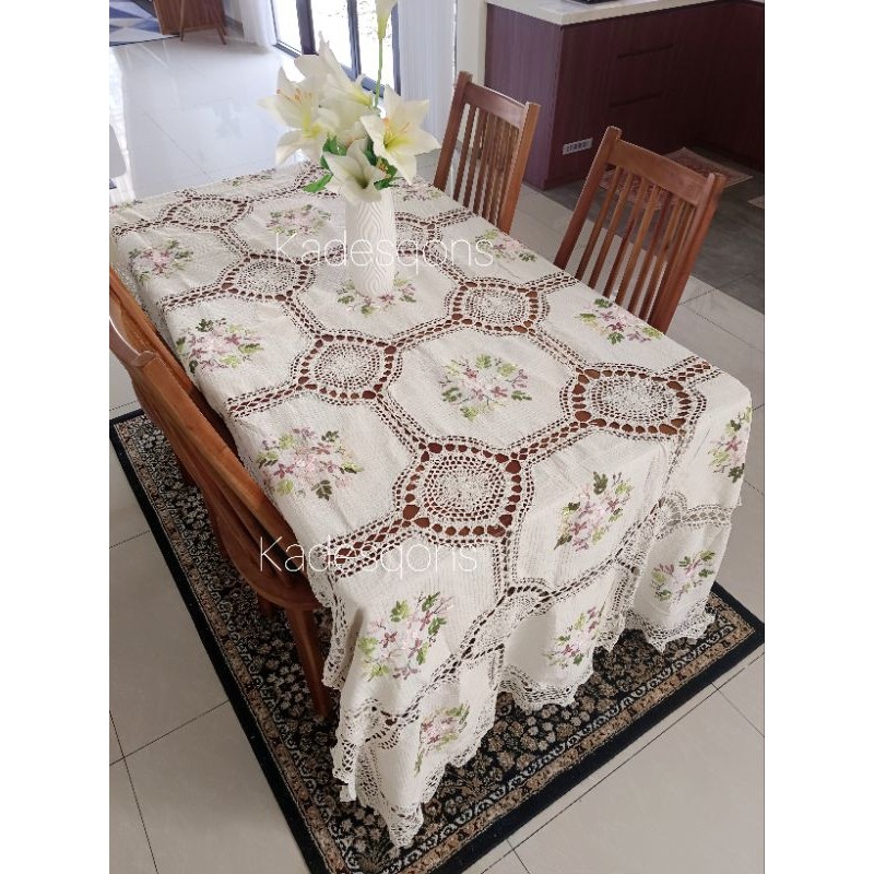 Taplak Meja makan Rajut Sulam Pita. Taplak meja makan kain embos import . taplak panjang perabot