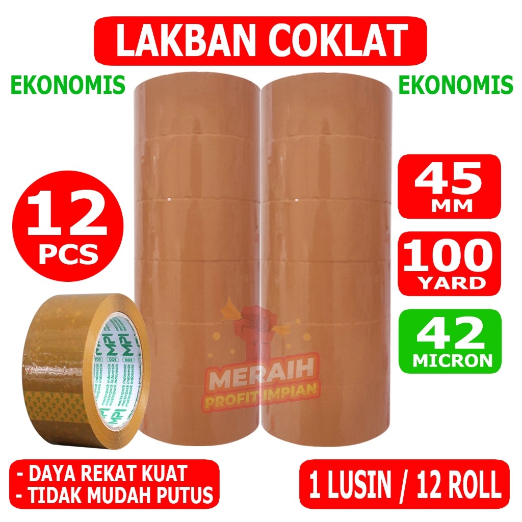 

Paket Super Hemat - 1 LUSIN / 12 PCS - Lakban Coklat Ekonomis 100 Yard - Lakban MPI 45 mm x 100 yard