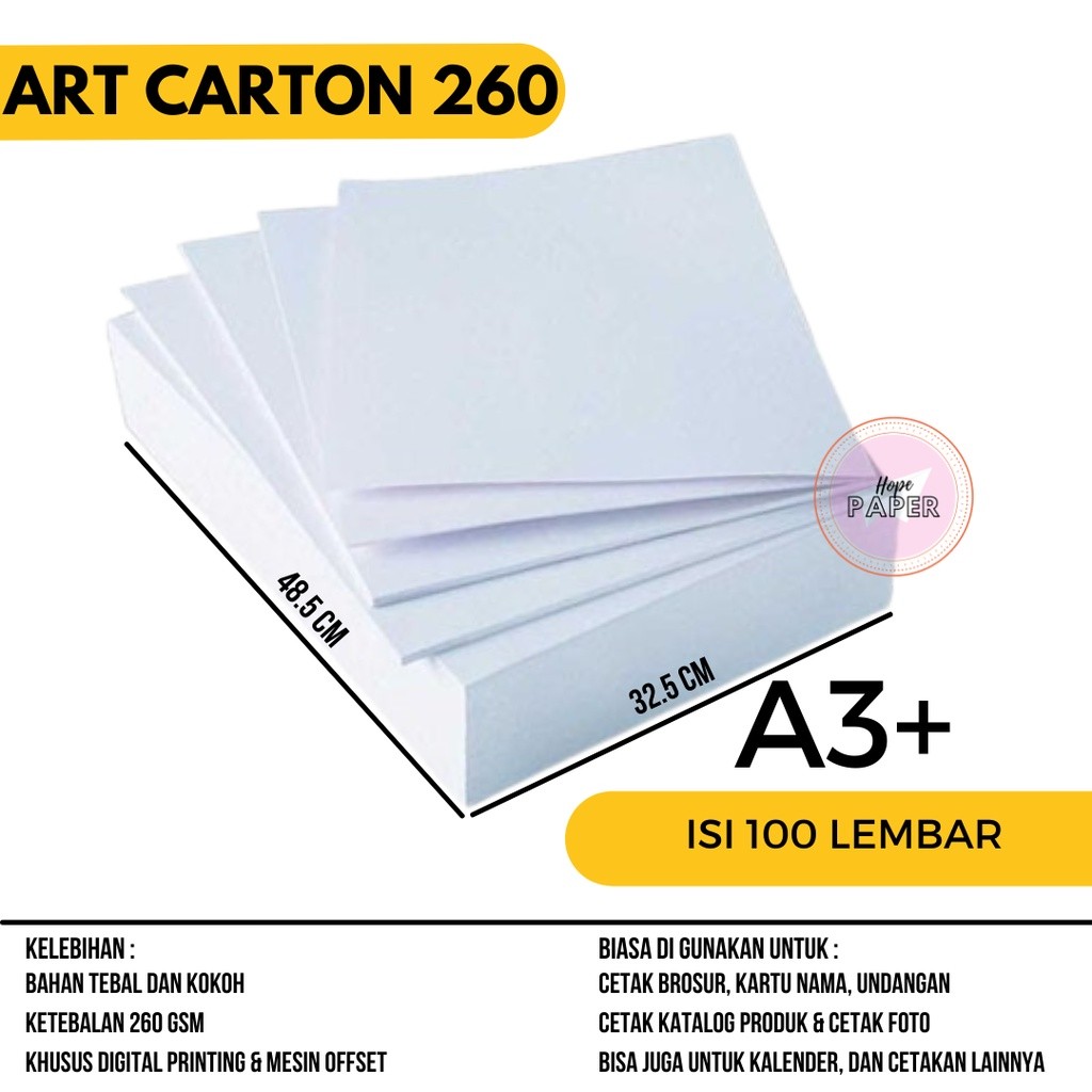 

Art Carton 260 gsm A3 Plus isi 100 lembar/ Kertas Art Carton 260 gsm / Art Karton 260 gsm / Kertas