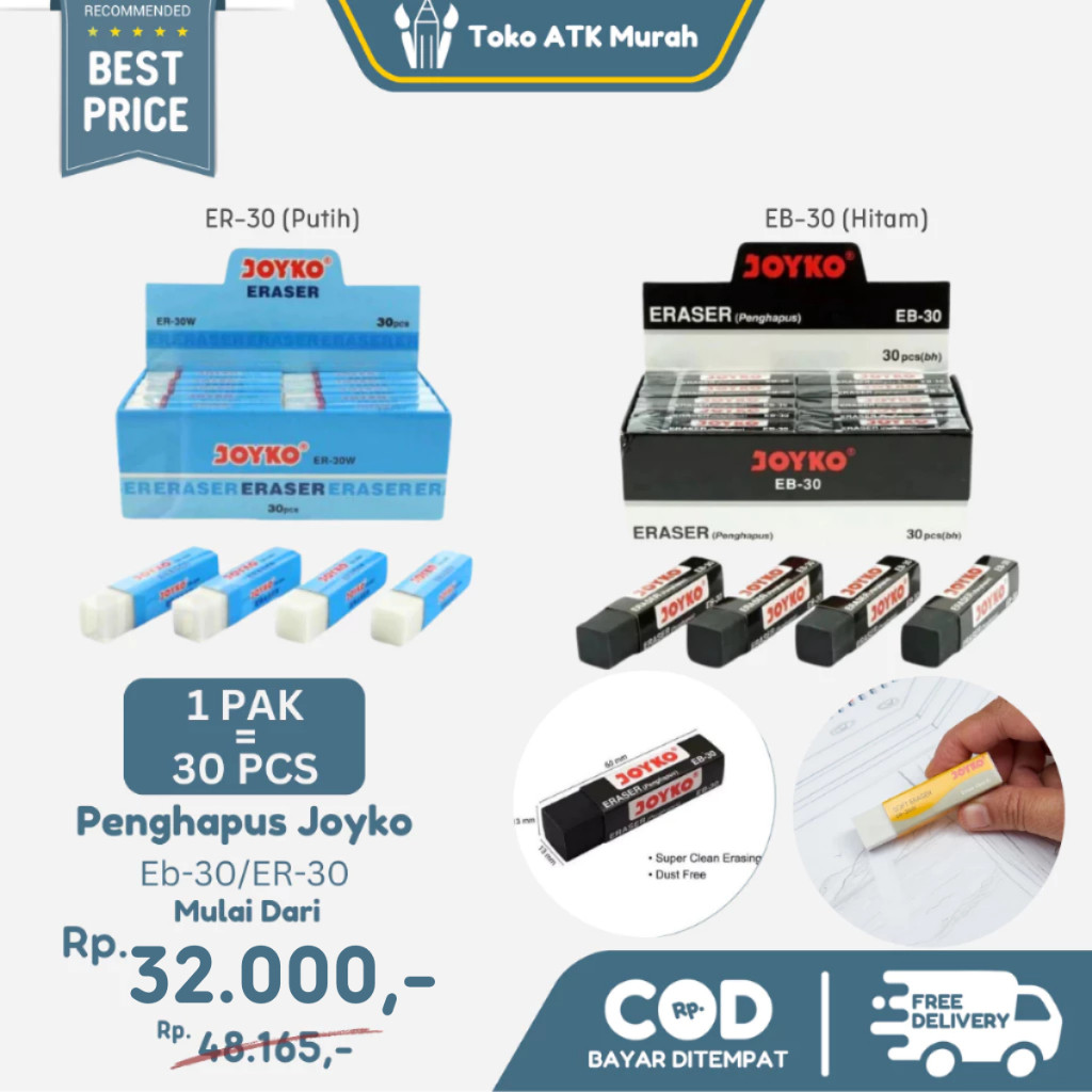 

1 PAK / 30 Pcs Eraser Penghapus Joyko EB-30 (Hitam) / ER-30 (Putih) Penghapus Hitam Putih Joyko