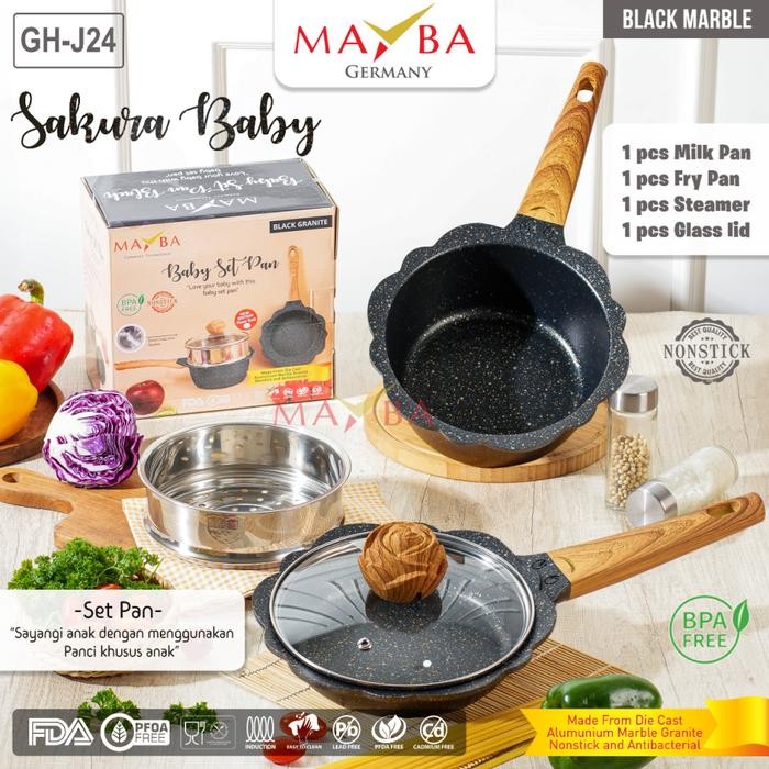 Belilah [Promo] Mayba Panci Mpasi Set Lengkap Hitam (Bonus Steamer Pengukus) Aluminium Frypan Bmn4