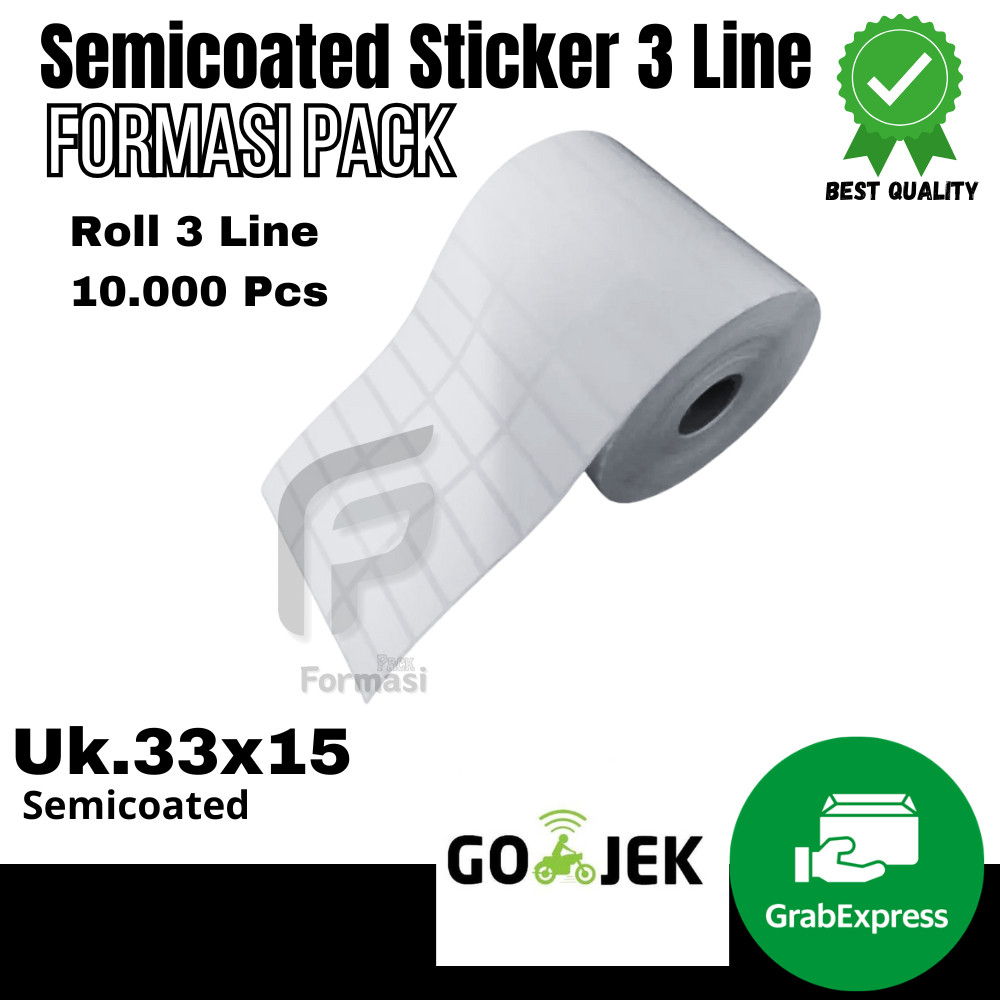 

LABEL SEMICOATED (BUKAN THERMAL) 33 x 15 mm 3 Line, Stiker Printer Barcode, Core 1 Inch isi 10000