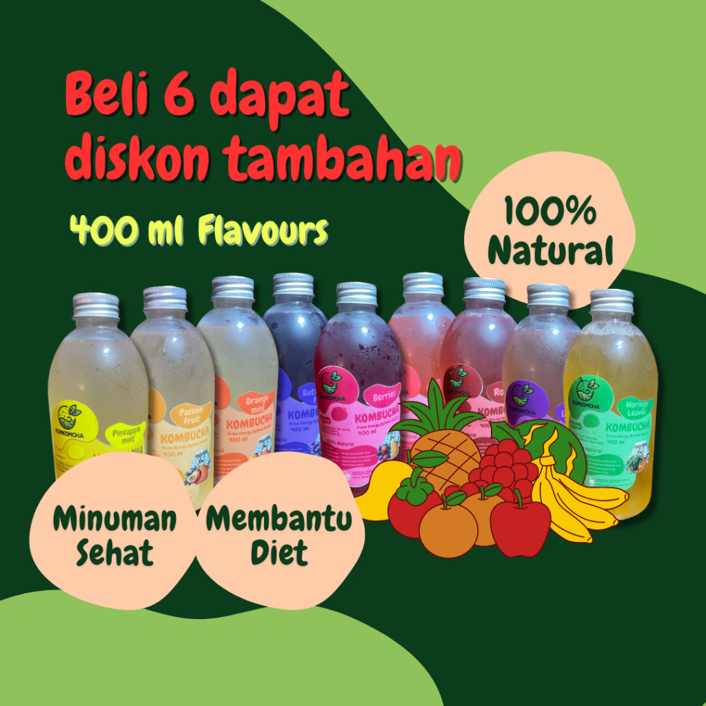

KOMKOMCHA Kombucha 400 ml - 9 Rasa Segar - Minuman Teh Sehat dan Energi Alami