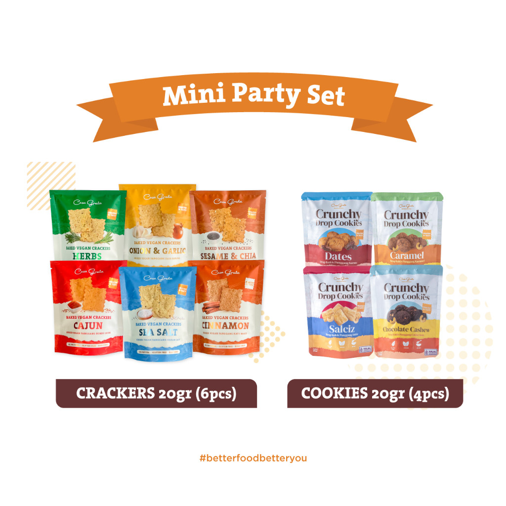 

MINI PARTY SET OF 10 CASA GRATA @ 20 GRAM (6 CRACKERS + 4 COOKIES) GLUTEN FREE, VEGAN, AND BAKED