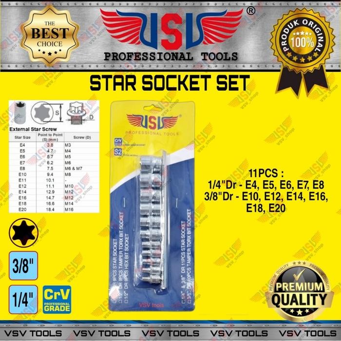 Ta_ Kunci Sok Bintang Set 11Pcs E4-E20 Kunci Bintang Sock Vsv Star Socket 1/4"&3/8"Dr Set
