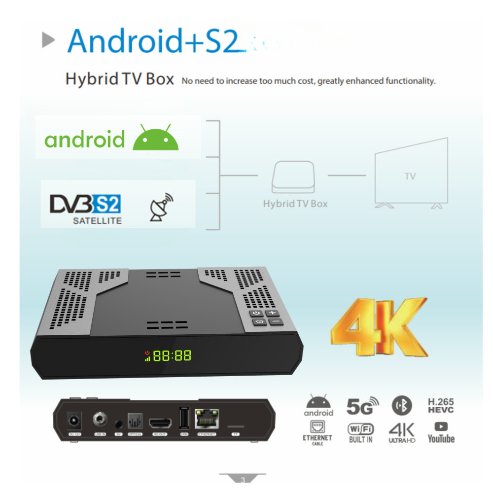 4K Android OTT+DVB-S2 Hybrid TV Box hi6323 5G Wifi 2+16GB OTT+H.265 DVB Decoder Digital Satellite TV
