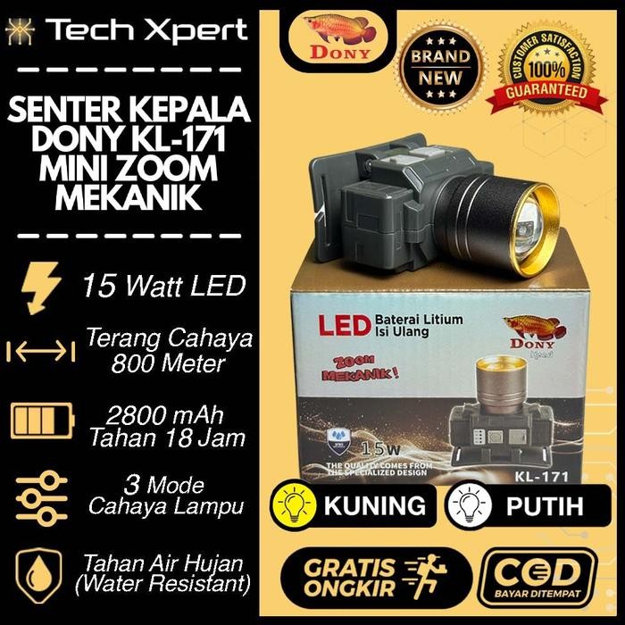 SENTER KEPALA LED DONY 15 WATT KL-171 "MINI ZOOM MEKANIK" ORI ANTI AIR TAHAN LAMA OUTDOOR