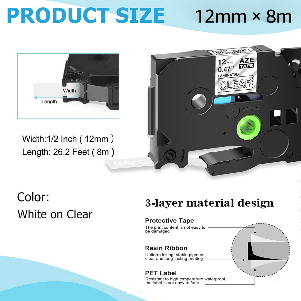 5PK 12/18/24mm Label Tape Compatible For Brother Tze-135 145 155 White on Clear Laminated Ribbon For