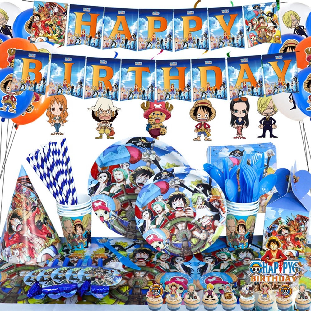 Peralatan Makan Pesta Anime ONE PIECE ONE PIECE Luffy Piring Cangkir Balon Spanduk Puncak Kue Perlen