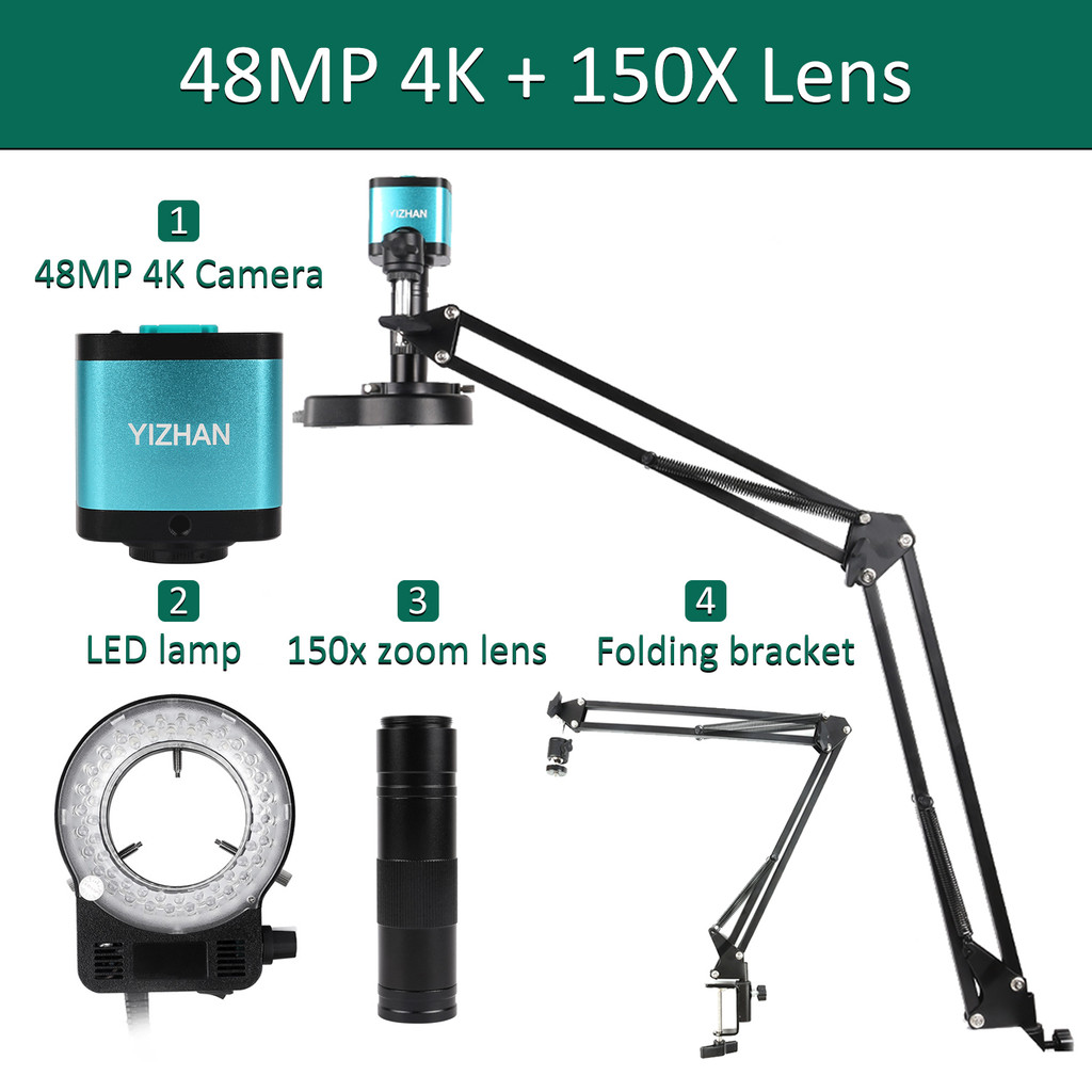 Mikroskop 4K untuk Elektronik Kamera Mikroskop Digital 48MP Lensa 1-150x Opsional Lampu LED Braket L