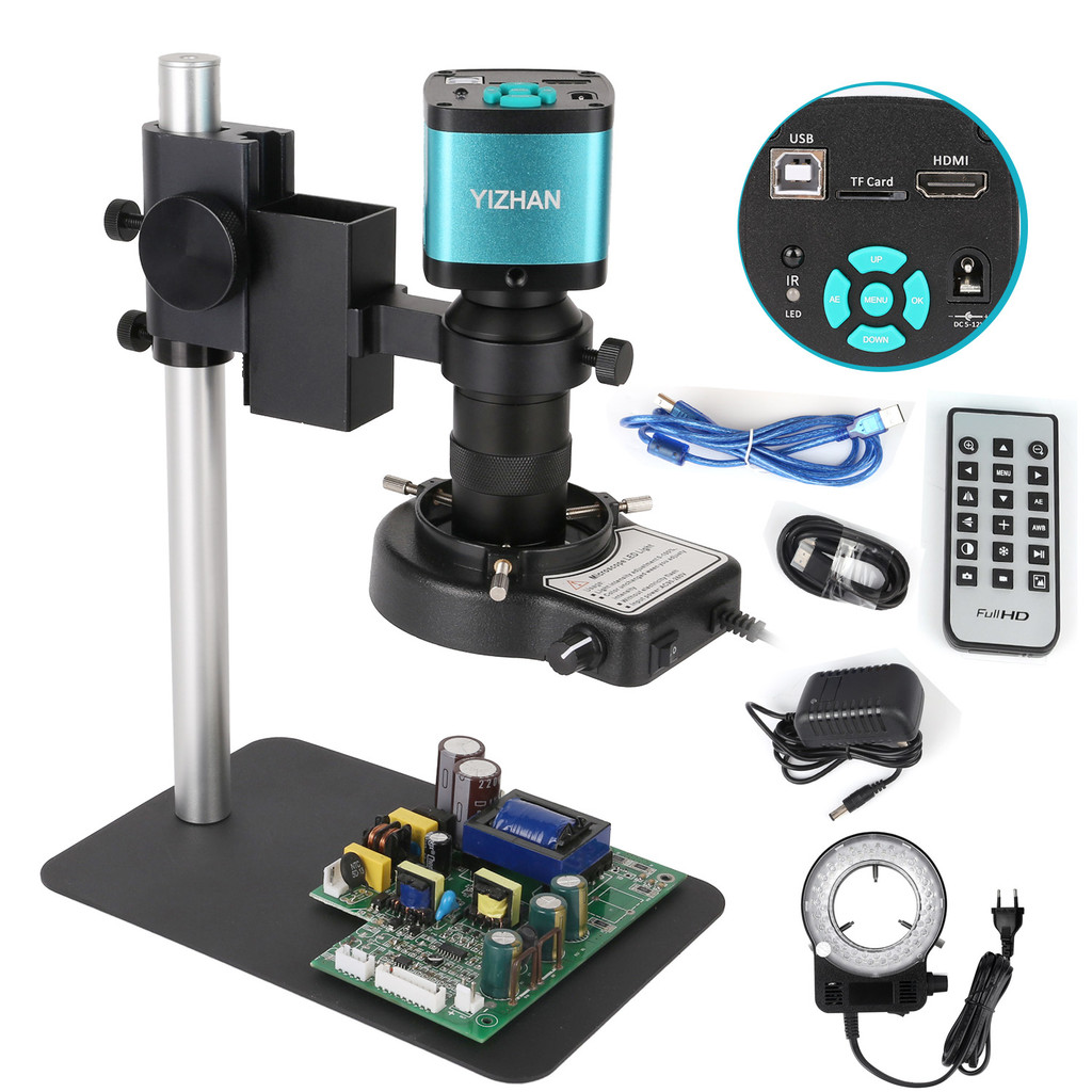Set Mikroskop Video Monokuler 4K 48MP HDMI USB 60FPS Lensa Kamera Digital Lampu LED 130X untuk Penge