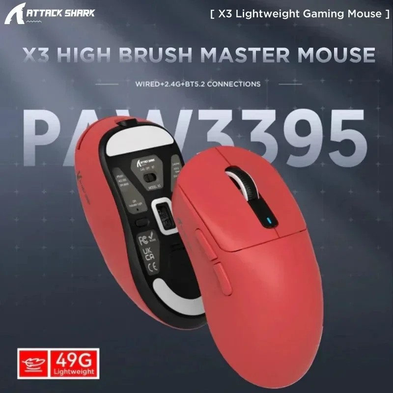 Attack Shark X3 Mouse PixArt PAW3395 Triple Mode Ergonomic Design 2.4G Wireless Bluetooth Lightweigh