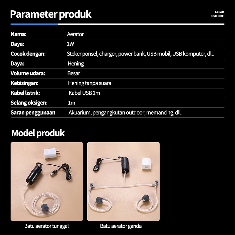 POMPA UDARA AQUARIUM USB AERATOR/ AKUARIUM IKAN AIRATOR GELEMBUNG/ POMPA UDARA AQUARIUM AERATOR FISH