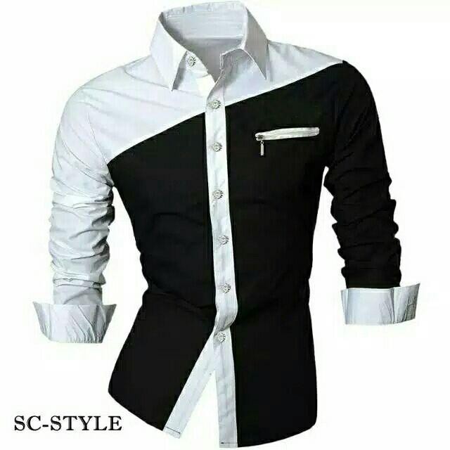 Kemeja Pria Kombinasi Kekinian Fashion Cowok Baju Model Saku 1 Warna Hitam Putih Baru Bagus Halus