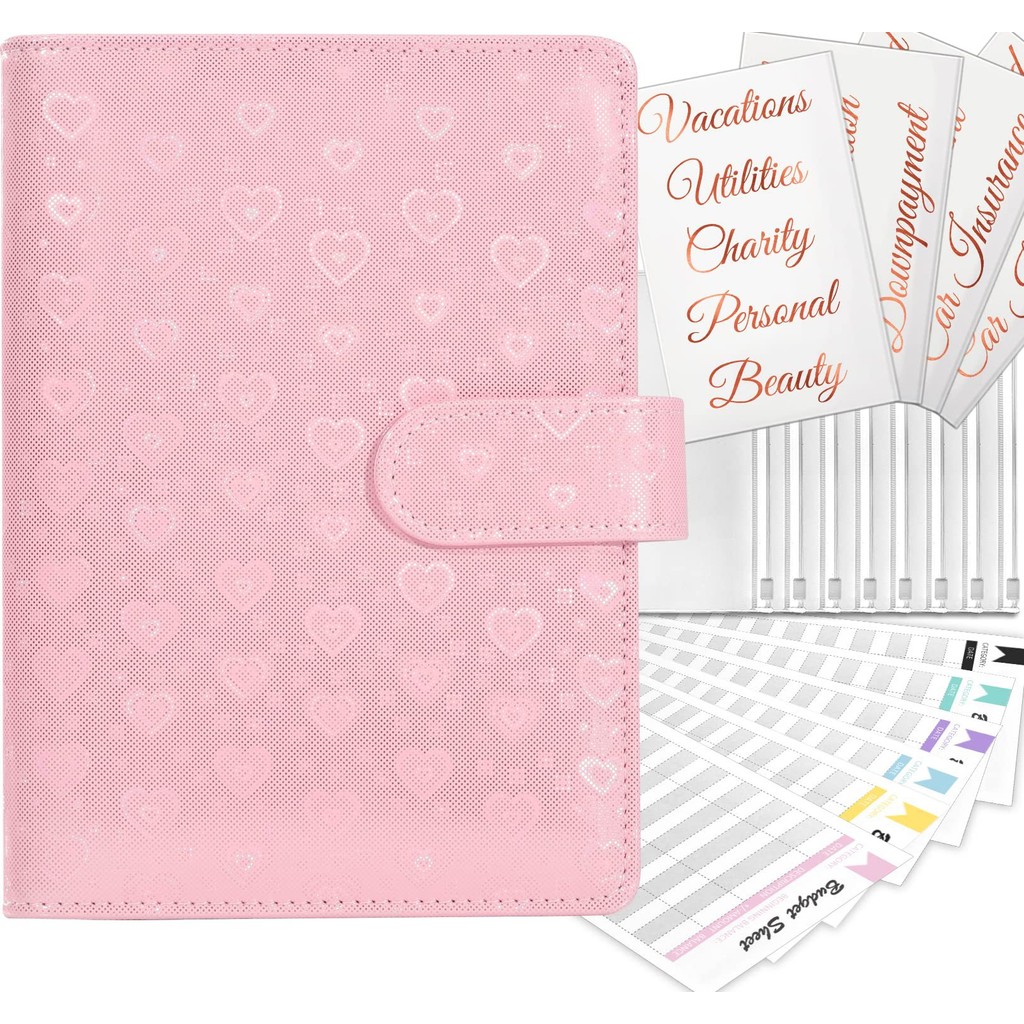 

A6 Pink Blue Cover Budget Planner Binder With 8Pcs Zipper Envelopes Cash Envelopes For Budgeting