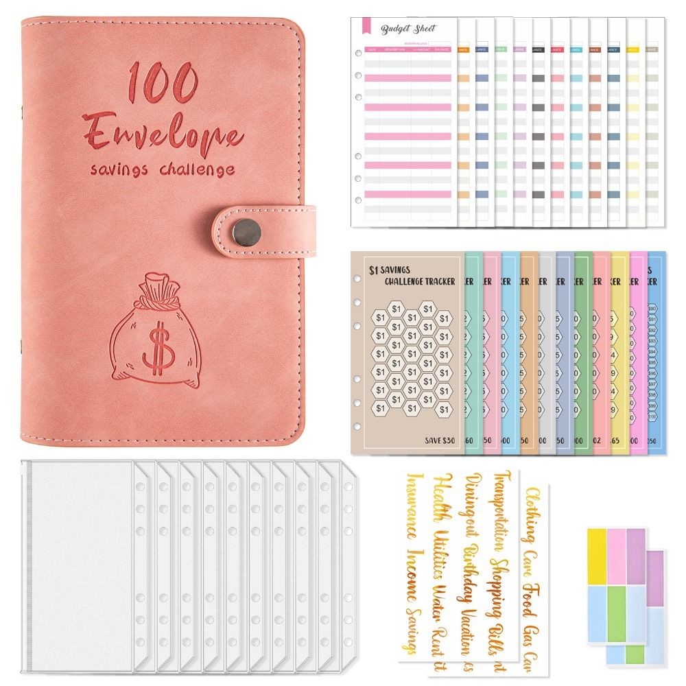 

Pu Leather 100 Envelope Savings Challenge A6 Size Portable 100 Day Challenge Budget Binder 6 Holes