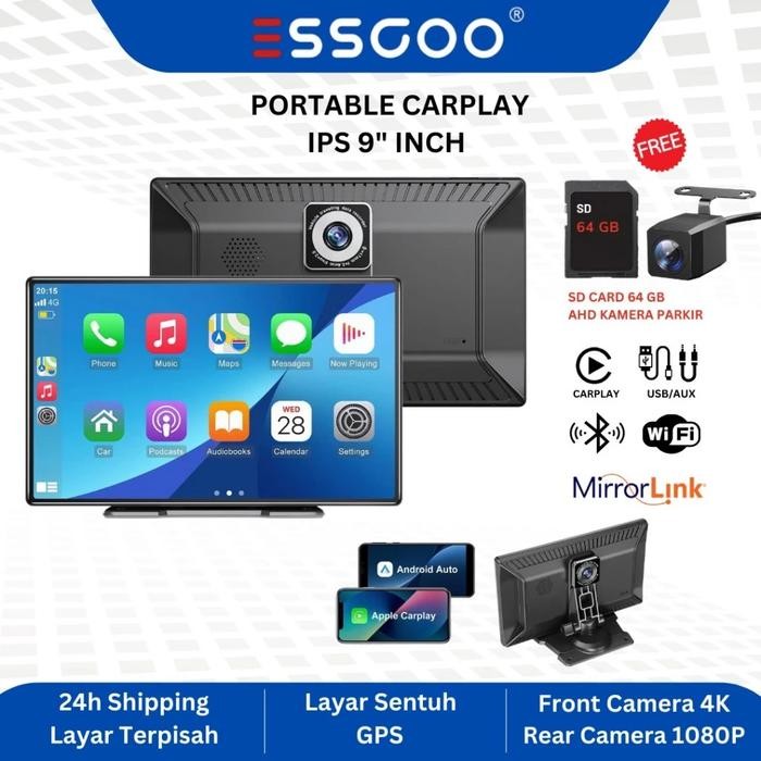 Terlaris Essgoo Portable Carplay Head Unit Android 9 Inch Layar Sentuh Radio Mobil Pemutar Wireless