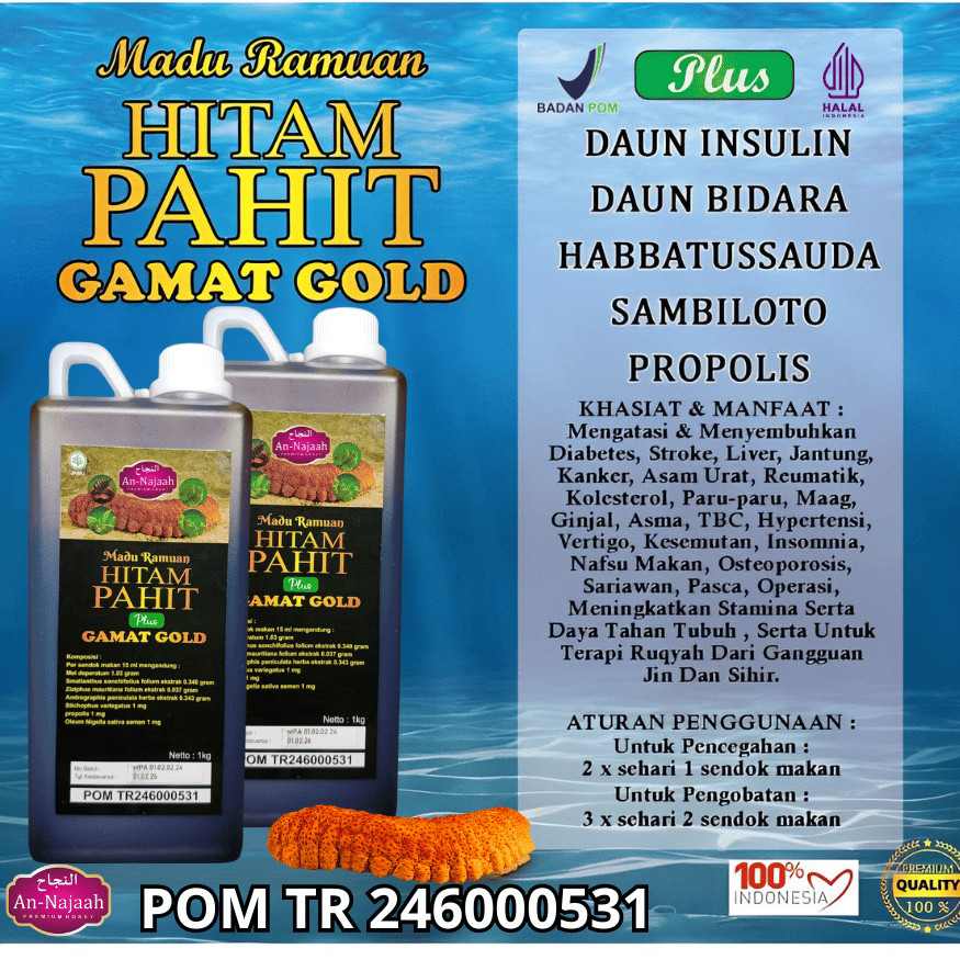 

RATU Madu Hitam Pahit Gamat Gold 1 kg Plus Daun Insulin Dan Sambiloto asli AN-NAJAAH Original Bpom