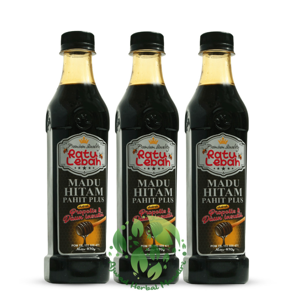 

RATU Paket 3 Pcs Madu Hitam Pahit Plus Propolis Ratu Lebah 470gr - Obat Diabetes Kolesterol Asam