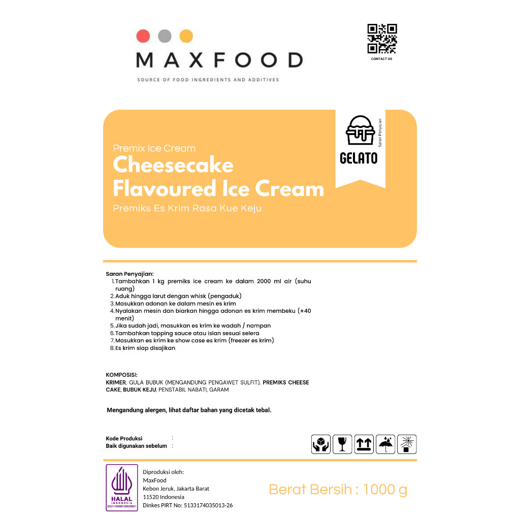 

MAXFOOD - Gelato Powder Cheesecake - Bubuk Gelato Rasa Kue Keju 1 KG