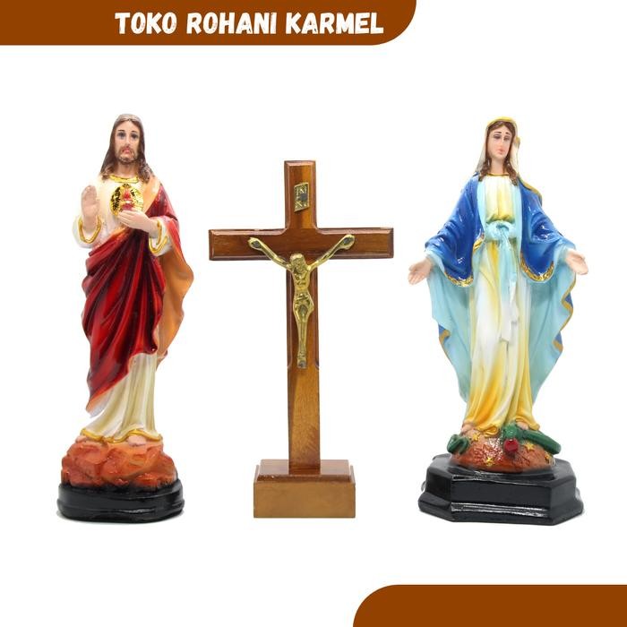 Set Patung Maria Dan Yesus + Salib Duduk (25 Cm) / Set Patung Katolik