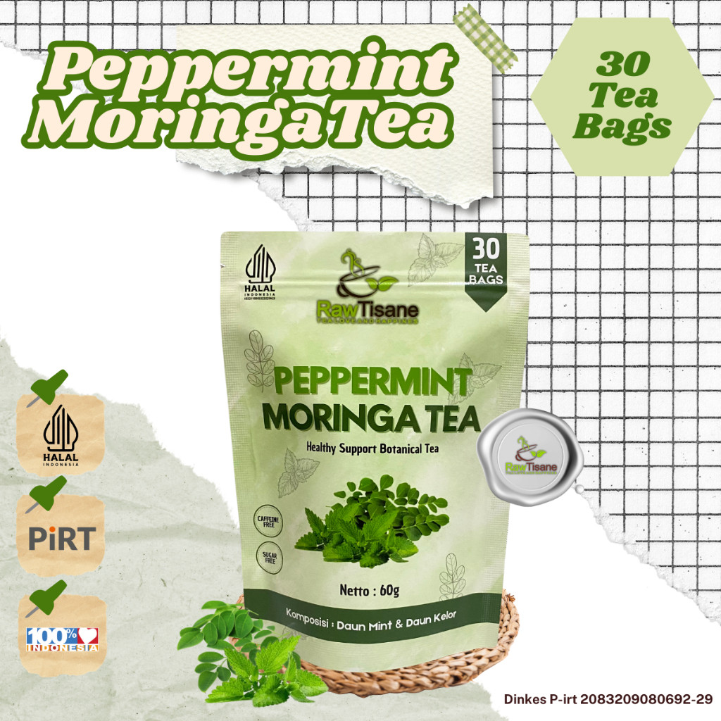 

RAW TISANE Peppermint With Moringa Leaf Tea : Teh Celup Daun Mint & Daun Kelor Isi 30 Tea Bag