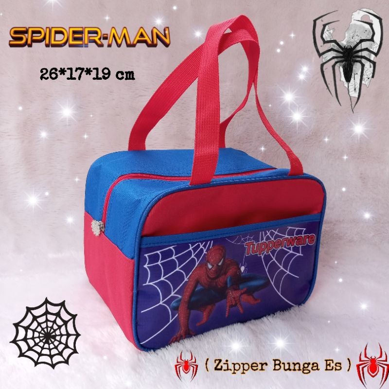 Tas Tupperware Spiderman ( Zipper Bunga Es ) / tas bekal Spiderman / Tas bekal Makan siang / Tas