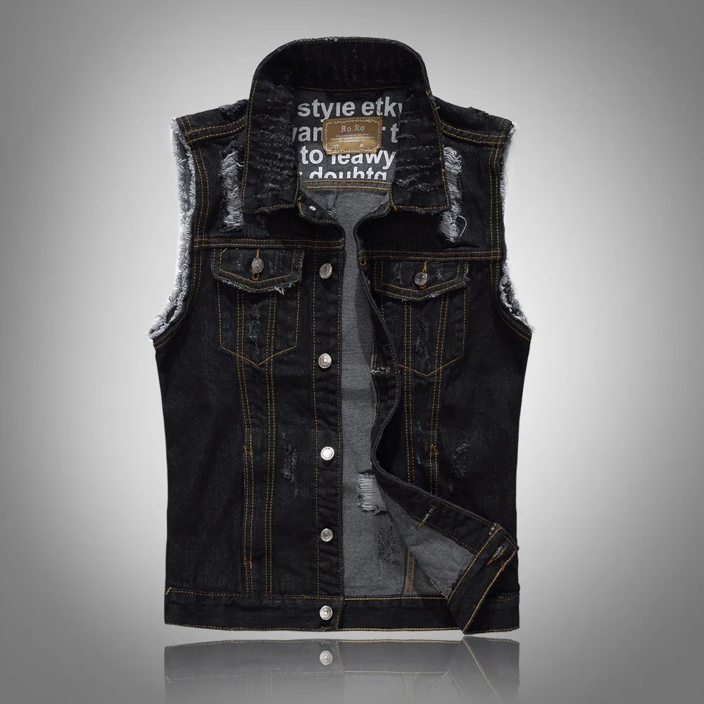 2025 Men'S Black Denim Vest, Youth Lapel Ripped Casual Vest