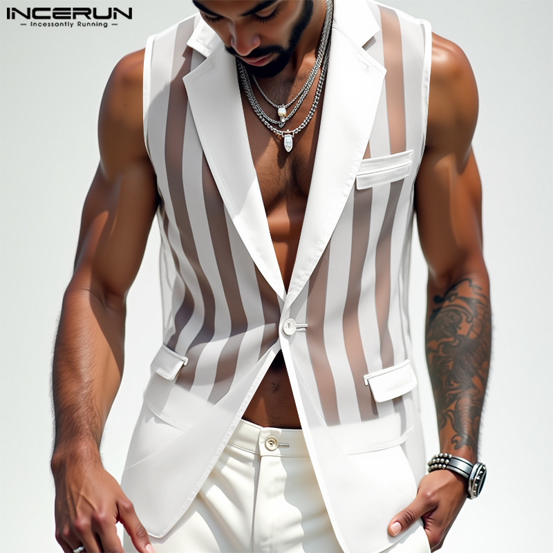 Incerun Men Vests Mesh Striped Transparent Lapel Sleeveless One Button Casual Male Waistcoats