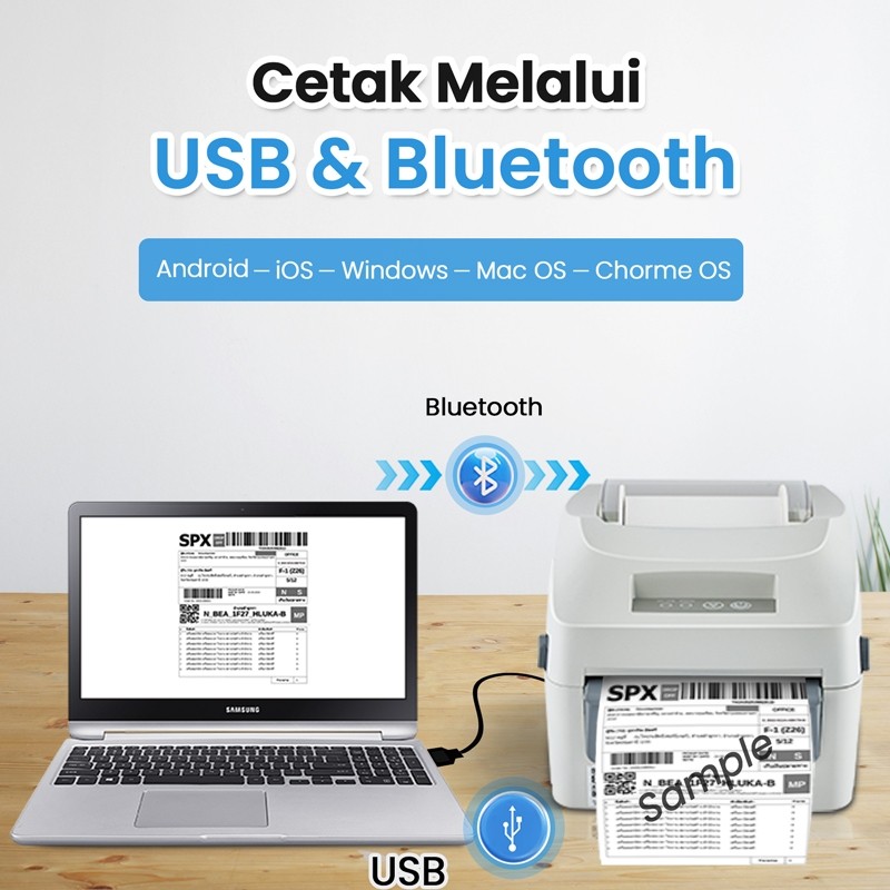 Barcode Printer Thermal Waybill Printer USB+Bluetooth Mesin Cetak Label Stiker Resi 4 & 3 In