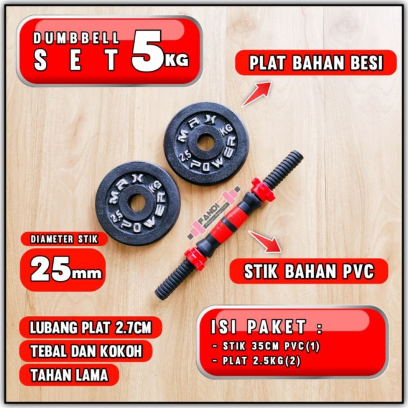 VIVE Barbel Dumbbell Set 5Kg / Stik Dumbbell 35cm + Plat 5kg BESI