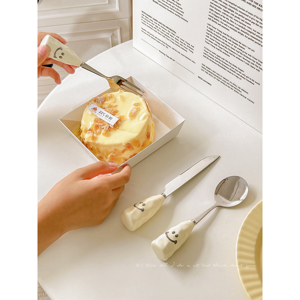 SMILEY CUTLERY SET (CERAMIC+SUS 304)/ Pum Ceramic Cutlery Set/Cute Cutlery Set/Korean Cutlery