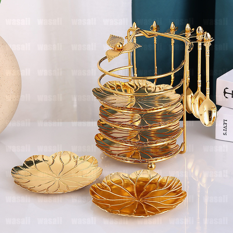 Meja Rak Mewah Gold Set Piring Buah dengan Set Enam Sendok Piring Dessert Hias Saji / Loyang Kue