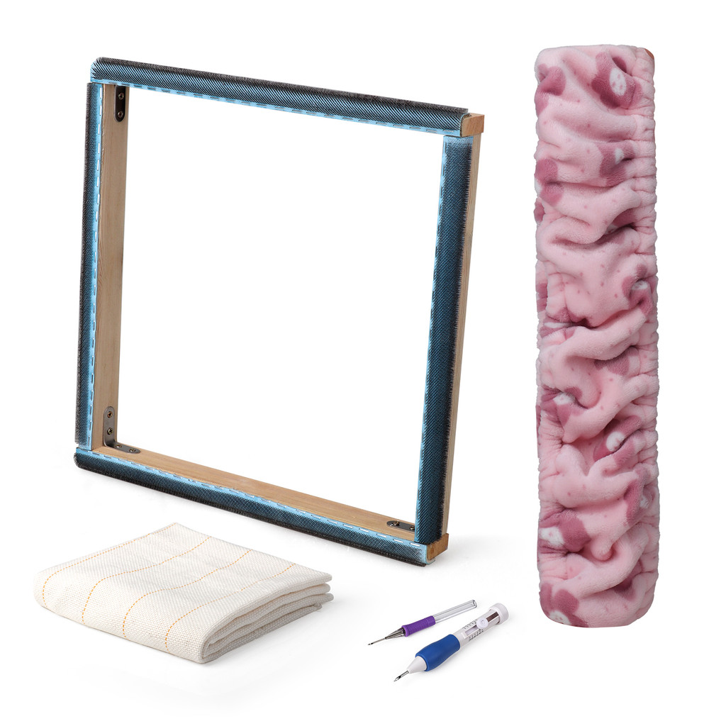 25*25cm Punch Needle Frame with Fleece Cover Gripper Strip Frame Tufting Frame with Needles Fabrics 