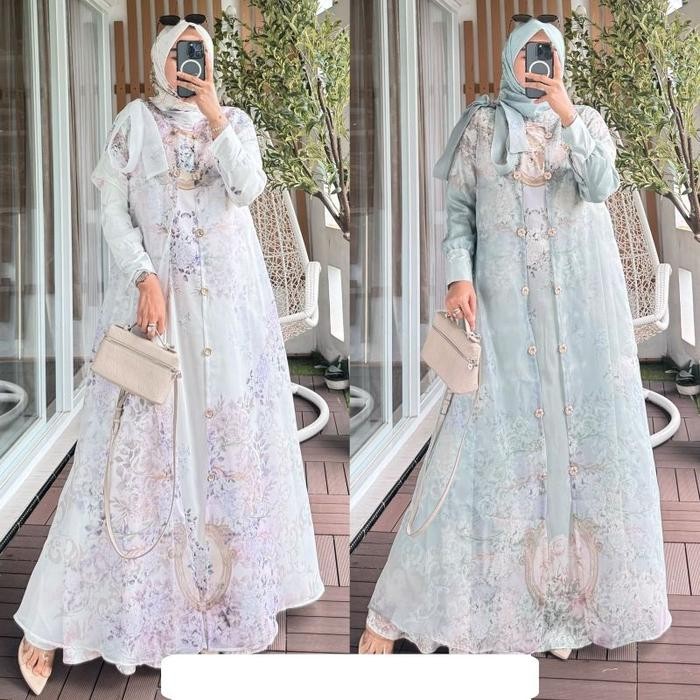Pesona Omg Gamis Sultan Set hijab Bahan Ceruty Premium Import Printing x Organza Motif Bunga
