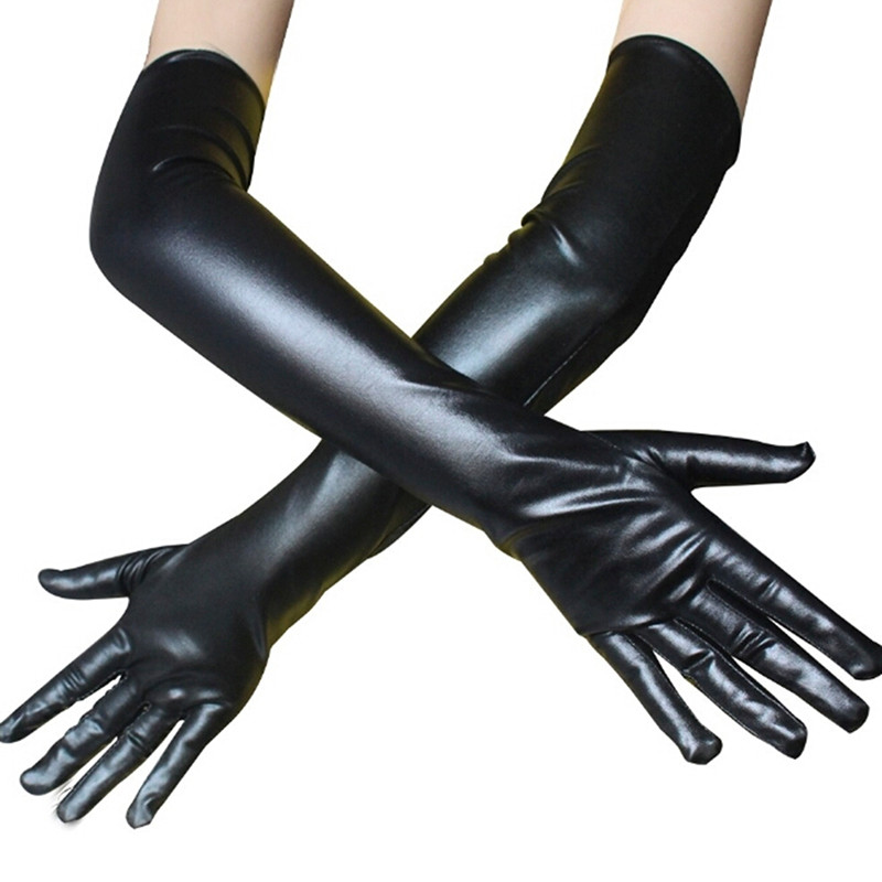 Sexy Women Shiny Long Gloves Leather Latex Cosplay Clothing Pole Dancing Gloves Accessories Black
