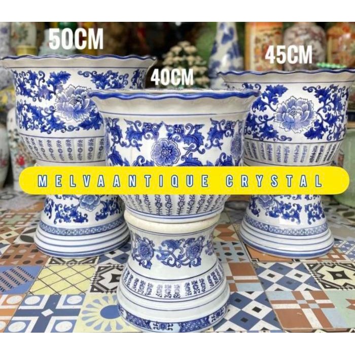 Pot Bunga + standing Keramik Biru Putih