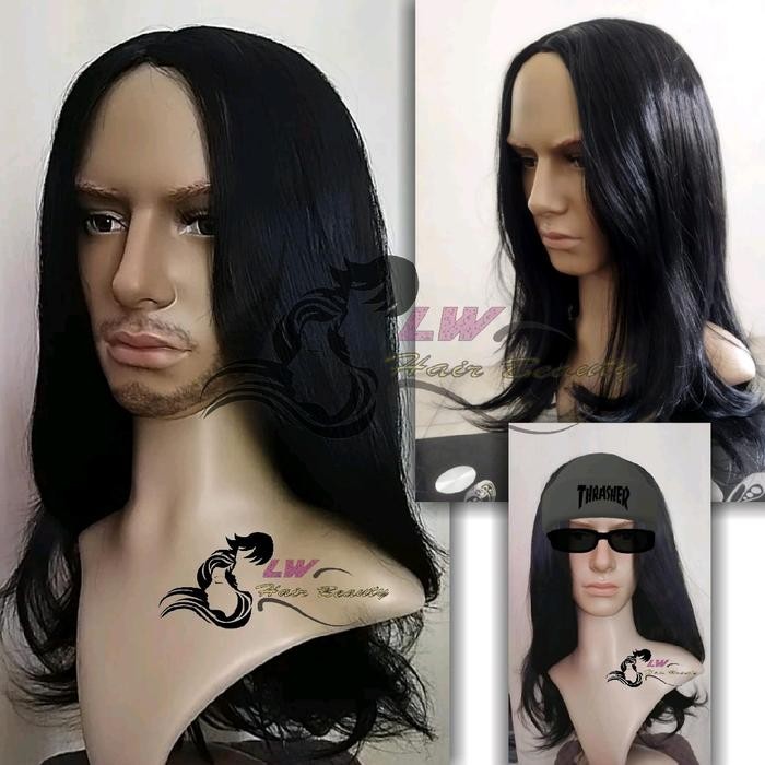PREMIUM Wig Pria Rambut Panjang Belah Tengah palsu cowok gondrong