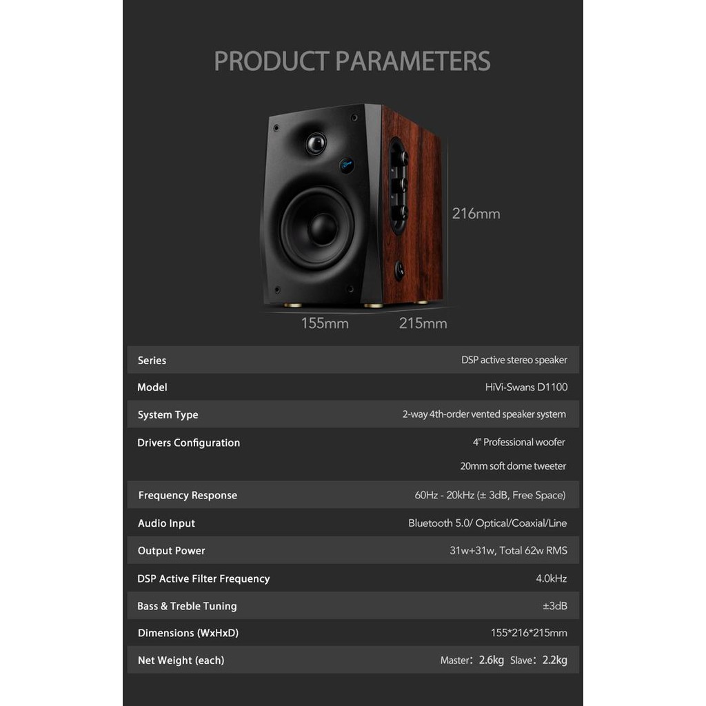 Hivi Swans D1100 Powered 2.0 Wireless Bookshelf Speakers