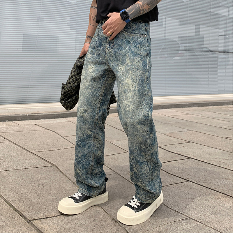 Bgc9357 American Spring And Autumn New Washed Do Old Flowery Street Gangster Handsome Jeans Men
