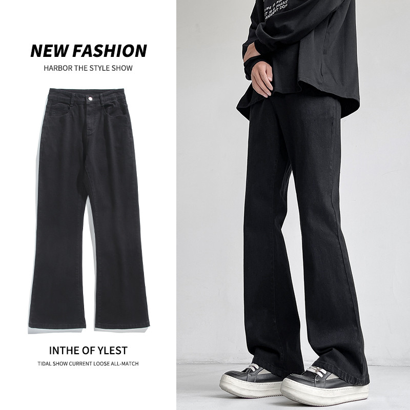 Autumn Vintage Straight Wide Legs Black Jeans Men'S Streetwear Harajuku Washed Baggy Casual Flare