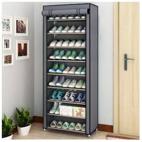 RAK SEPATU 10 SUSUN ( 9 SEKAT ) BONGKAR PASANG DENGAN COVER + RESLETING RAK BAJU TAS SERBAGUNA