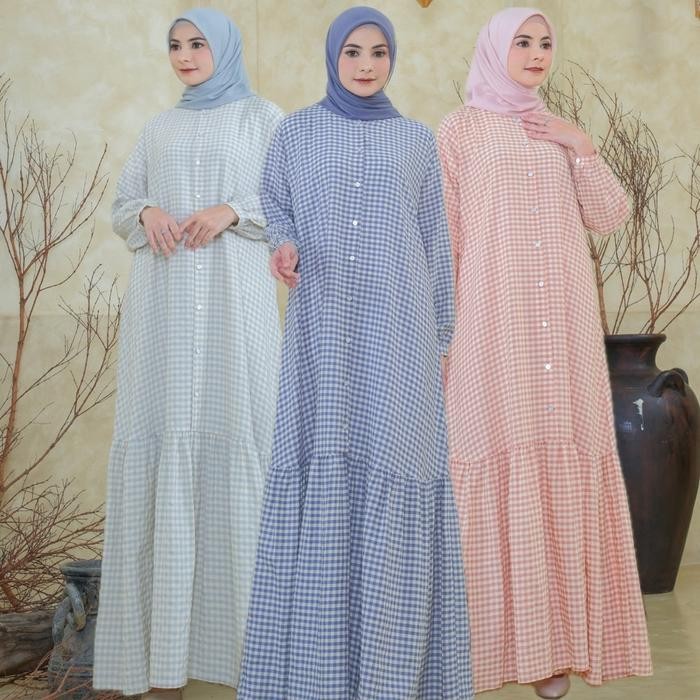 Nnfashion ~ Aqeela Dress Gamis Wanita Muslimah Bahan Cotton Motif Kotak Panjang Kancing Outfit