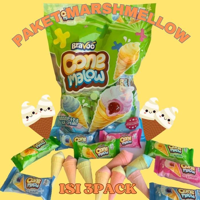 

New MARSHMELLOW PAKET CEMILAN HEMAT 3 PACK TERMURAH CONE MELLOW BENTUK ICE CREAM ANEKA RASA BUAH